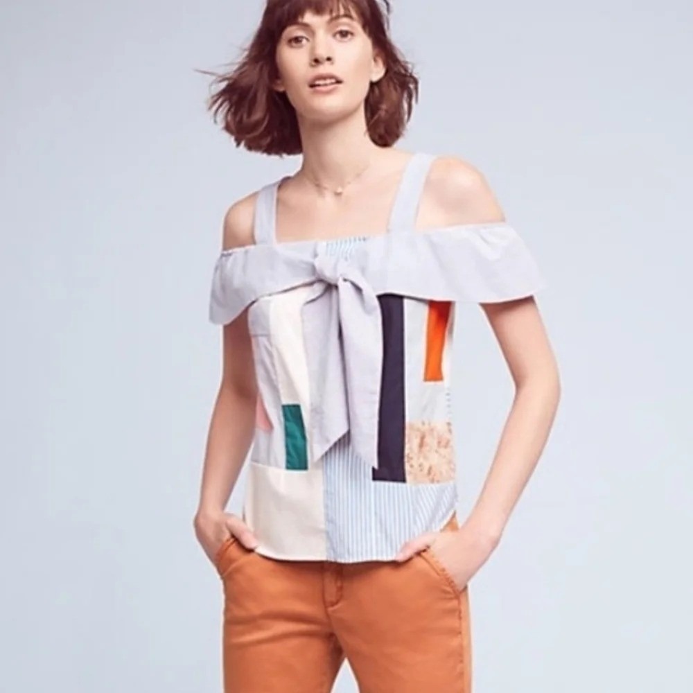 Maeve Anthropologie Patchwork Cold Shoulder Blouse Tie Front Strappy Top Size 8
